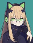  1girl bangs black_gloves black_headphones black_jacket blue_background cat_ear_headphones commentary english_commentary girls&#039;_frontline glasses gloves green_eyes half_gloves headphones high_collar highres jacket long_hair looking_at_viewer orange_hair papaia_(quentingqoo) semi-rimless_eyewear sidelocks simple_background solo tmp_(girls&#039;_frontline) visible_air 