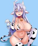  100_percent_orange_juice 1girl ahoge alternate_breast_size animal_ears animal_print areolae bell bikini blue_background blush bottle breasts cow_ears cow_girl cow_horns cow_print cow_tail cowbell curvy elbow_gloves fang gloves heart heart-shaped_pupils highres horns large_breasts light_blue_hair long_hair micro_bikini milk_bottle nav navel neck_bell red_eyes short_stack simple_background smile solo stomach suguri_(character) swimsuit symbol-shaped_pupils tail thighhighs very_long_hair 