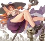  1girl black_sleeves breasts brown_eyes brown_hair detached_sleeves dragon&#039;s_crown hat huge_breasts kazo long_hair looking_at_viewer simple_background skeleton smile solo sorceress_(dragon&#039;s_crown) staff sword thick_thighs thighs weapon white_background witch_hat 