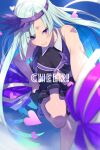  1girl alternate_costume aqua_hair bangs bare_shoulders black_shirt black_skirt blush breasts brynhildr_(fate) cheer_for_master cheering cheerleader collared_shirt commentary_request echo_(circa) english_text eyes_visible_through_hair fate/grand_order fate/prototype fate/prototype:_fragments_of_blue_and_silver fate_(series) hat heart holding leg_up long_hair looking_at_viewer medium_breasts midriff miniskirt navel official_alternate_costume parted_lips pleated_skirt pom_pom_(cheerleading) purple_eyes purple_headwear shirt shoes skirt sleeveless sleeveless_shirt sneakers solo standing standing_on_one_leg teeth twitter_username very_long_hair visor_cap 