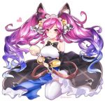  1girl bangs bare_shoulders breasts cleo_(dragalia_lost) closed_mouth dragalia_lost dress eyebrows_visible_through_hair holding holding_staff kyarotto_(zenkixd) large_breasts long_hair looking_at_viewer purple_eyes purple_hair solo staff thighhighs twintails 