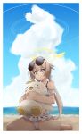  1girl beach blue_archive blush cloud collarbone commentary_request datemegane eyewear_on_head halo hifumi_(blue_archive) highres long_hair looking_at_viewer low_twintails object_hug sitting sky solo spread_legs stuffed_toy sunglasses swimsuit twintails yellow_eyes 
