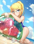  1girl bare_shoulders beach blonde_hair blue_eyes blue_swimsuit breast_press looking_to_the_side metroid metroid_(creature) ocean one-piece_swimsuit ponytail rilex_lenov samus_aran sand smile swimsuit thighs water watermark 