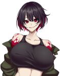  1girl bare_shoulders blood blood_on_face bloody_hands blush breasts brown_hair camui_kamui collarbone eyebrows_visible_through_hair glasgow_smile green_jacket hair_between_eyes highres jacket large_breasts multicolored multicolored_hair original parted_lips red_eyes red_hair shiny shiny_skin short_hair simple_background smile solo stitches upper_body white_background 