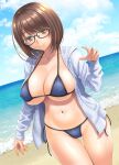  1girl bangs beach bikini blue_bikini blue_jacket blue_sky breasts brown_eyes brown_hair cleavage closed_mouth cloud collarbone commentary_request covered_nipples cowboy_shot day drawstring eyebrows_visible_through_hair glasses groin hand_up hida_tatsuo hood hood_down hooded_jacket jacket large_breasts long_sleeves looking_at_viewer navel ocean open_clothes open_jacket original outdoors psd_available short_hair side-tie_bikini sidelocks skindentation sky smile solo standing stomach swimsuit thigh_gap underboob 