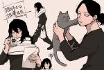  1boy aizawa_shouta animal animal_print bag bangs black_hair black_shirt boku_no_hero_academia cat cat_print commentary_request facial_hair full_body grey_scarf hands_up highres holding holding_animal holding_bag holding_cat holding_paper long_hair long_sleeves looking_at_animal male_focus multiple_views nakamu_405 notice_lines paper parted_bangs reading scar scar_on_face scarf shirt simple_background steam stubble thought_bubble translation_request twitter_username upper_body 