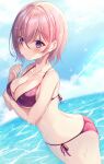  1girl ass bangs bare_shoulders bikini blue_sky blush breasts cleavage collarbone commentary_request duplicate fate/grand_order fate_(series) hair_over_one_eye harimoji large_breasts light_purple_hair looking_at_viewer mash_kyrielight ocean pixel-perfect_duplicate purple_bikini purple_eyes short_hair sky solo sparkle swimsuit thighs wet 