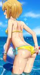  1girl :d adjusting_clothes adjusting_swimsuit ahoge ass back ball bangs bare_shoulders beachball bikini blonde_hair blue_sky blush breasts day from_behind highres holding holding_ball ibuki_tsubasa idolmaster idolmaster_million_live! idolmaster_million_live!_theater_days medium_breasts ocean ogi_non open_mouth outdoors pink_eyes short_hair sky smile solo standing sweat swimsuit wading yellow_bikini 