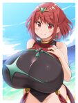  1girl absurdres bangs black_swimsuit breasts chest_jewel competition_swimsuit covered_collarbone covered_navel gigantic_breasts headpiece highres kurokaze_no_sora one-piece_swimsuit pyra_(pro_swimmer)_(xenoblade) pyra_(xenoblade) red_hair red_swimsuit solo strapless strapless_swimsuit swept_bangs swimsuit tiara two-tone_swimsuit xenoblade_chronicles_(series) xenoblade_chronicles_2 