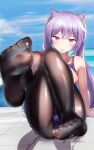  1girl bangs black_legwear cloud competition_swimsuit day eyebrows_visible_through_hair feet foot_focus genshin_impact hair_cones highres keqing_(genshin_impact) long_hair looking_at_viewer no_shoes one-piece_swimsuit pantyhose purple_eyes purple_hair shirosaba sitting sky soles solo swimsuit twintails water 