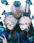  3boys absurdres alternate_costume alternate_hair_color amamiya_ren black_shirt blue_butterfly blue_headwear blue_jacket blue_neckwear book btmr_game bug butterfly closed_mouth glasses hair_between_eyes hair_over_one_eye hat highres holding holding_book insect jacket male_focus multiple_boys narukami_yuu parted_lips persona persona_3 persona_4 persona_5 shirt signature simple_background velvet_room white_background white_eyes white_hair yuuki_makoto 