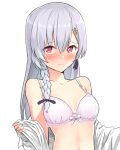  .live absurdres anchor_hair_ornament bangs blush bow bow_bra bra braid breasts cleavage embarrassed hair_ornament highres kutar22 long_hair navel open_clothes open_shirt red_eyes shirt small_breasts underwear virtual_youtuber wavy_mouth white_background white_bra white_hair yozakura_tama 