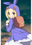  100_percent_orange_juice 1girl absurdres animal_ears artist_request backpack bag blonde_hair blue_dress blue_hoodie brown_bag buttons dress ellie_(orange_juice) eyebrows_visible_through_hair fake_animal_ears feathers highres hood hoodie long_sleeves looking_at_viewer red_eyes smile 