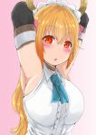  1girl armpits arms_up blonde_hair blue_neckwear blush breasts choker commentary_request dragon dragon_horns elbow_gloves gloves gradient gradient_background horns kobayashi-san_chi_no_maidragon large_breasts long_hair looking_at_viewer open_mouth portrait red_eyes solo tanufude tohru_(maidragon) upper_body white_headwear 