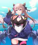  1girl absurdres azur_lane black_gloves black_ribbon blue_jacket blue_sky breasts cleavage dress eyebrows_visible_through_hair feet_out_of_frame fingerless_gloves gloves hair_ribbon hand_in_pocket hand_up highres horns huge_filesize jacket light_brown_hair long_hair looking_at_viewer medium_breasts multicolored_hair open_clothes open_jacket purple_eyes rabe26k ribbon san_francisco_(azur_lane) short_dress sky smile solo standing thighhighs two-tone_hair water 