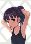  1girl adjusting_hair armpits arms_behind_head arms_up bangs bare_arms bare_shoulders black_hair blush brown_eyes collarbone eyebrows_visible_through_hair flat_chest hair_tie hair_tie_in_mouth hairdressing hands_in_hair jiji long_hair looking_at_viewer mouth_hold original ponytail ribbon ribbon_in_mouth simple_background sleeveless smile solo tying_hair upper_body white_background 