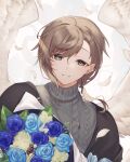  1boy absurdres angel_wings black_jacket blue_flower blue_rose blush bouquet brown_hair commentary earrings feathered_wings feathers flower flower_request grey_eyes grey_sweater highres holding holding_bouquet jacket jewelry kanae_(nijisanji) looking_at_viewer male_focus mole mole_under_eye multiple_earrings nijisanji open_clothes open_jacket ribbed_sweater rose roto_(nijisanji) short_hair simple_background smile solo sweater upper_body virtual_youtuber white_background white_feathers white_flower white_wings wings yazune 