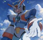  1boy absurdres arm_at_side armor blue_bodysuit blue_headwear blue_sky bodysuit cloud cloudy_sky commentary_request cowboy_shot day english_commentary gloves green_eyes helmet highres hoshi_mikan leaf leaves_in_wind looking_at_viewer male_focus mega_man_(series) mega_man_x3 mega_man_x_(character) mega_man_x_(series) mixed-language_commentary outdoors outstretched_hand parted_lips reaching_out robot_ears sky smile solo standing upper_teeth white_gloves wind 