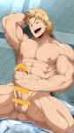  1boy :d abs alternate_hairstyle armpits ass bar_censor bara belt blonde_hair blue_eyes boku_no_hero_academia censored completely_nude erection head_tilt highres kuroshinki large_penis looking_at_viewer male_focus male_masturbation masturbation muscular muscular_male navel nipples nude one_eye_closed open_mouth pectorals penis reward_available scar_on_arm short_hair sitting smile solo spiked_hair spread_legs stomach sweat togata_mirio veins veiny_penis watermark wet 
