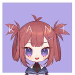  1girl atelier_live character_name eyebrows_visible_through_hair hair_ornament hair_rings hairclip jacket kani_kanizawa lowres open_mouth purple_background purple_eyes red_hair red_jacket sailor_collar smile solo upper_body virtual_youtuber yueko_(jiayue_wu) 
