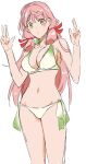 1girl akashi_(kancolle) bikini blunt_tresses breasts cleavage commentary_request cowboy_shot double_v enami_(e373) green_eyes groin hair_ribbon kantai_collection large_breasts long_hair looking_at_viewer navel pink_hair ribbon side-tie_bikini solo standing swimsuit tress_ribbon v white_bikini 