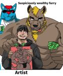  3boys abs animal_ears arm_hair artist_self-insert bara beard blush brown_fur chest_hair completely_nude dog_boy dog_ears english_text facial_hair furry furry_with_non-furry heart heart-shaped_pupils highres interspecies jang_ju_hyeon large_pectorals male_focus mature_male meme money multiple_boys muscular muscular_male nude original parody pectorals short_hair size_difference symbol-shaped_pupils thick_eyebrows upper_body yaoi 
