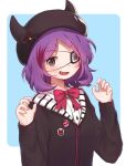  1girl badge bangs black_jacket blush bow brown_eyes eyepatch fake_horns fang hat hayasaka_mirei horned_headwear horns idolmaster idolmaster_cinderella_girls jacket korean_commentary long_sleeves looking_at_viewer mg_pong multicolored_hair open_mouth pink_bow purple_hair red_hair short_hair simple_background solo streaked_hair two-tone_background upper_body 