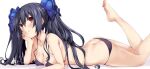  1girl ass bikini black_hair breasts cleavage commentary_request hair_ribbon iwashi_dorobou_-r- long_hair lying medium_breasts neptune_(series) noire on_stomach red_eyes ribbon smile solo swimsuit twintails 