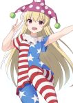  1girl american_flag_legwear american_flag_shirt arm_up bangs blonde_hair blue_sleeves blush clownpiece eyebrows_visible_through_hair hair_between_eyes hands_up hat highres holding jester_cap leg_up long_hair looking_at_viewer multicolored multicolored_clothes multicolored_pants multicolored_shirt open_mouth pants pink_eyes pink_headwear red_sleeves shirt short_sleeves simple_background smile solo standing standing_on_one_leg star_(symbol) star_print striped striped_pants striped_shirt touhou tsukikaze_aki white_background white_sleeves 