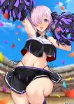  1girl bare_shoulders black_legwear black_skirt breasts cheerleader cloud colosseum commentary_request confetti crop_top eyebrows_visible_through_hair fate/grand_order fate_(series) heart highleg highleg_panties knee_up large_breasts mash_kyrielight midriff navel one_eye_covered open_mouth outdoors panties pleated_skirt pom_pom_(cheerleading) purple_eyes purple_hair purple_skirt short_hair side-tie_panties skirt sky sleeveless socks solo symbol_commentary twitter_username two-tone_skirt unadon underboob underwear 