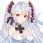  1girl ahoge azur_lane bangs bare_shoulders breasts bridal_gauntlets bridal_veil collarbone dress eyebrows_visible_through_hair finger_to_mouth hair_between_eyes hair_ribbon hand_up headgear hua_miao_(srrs7842) iron_cross large_breasts long_hair looking_at_viewer mole mole_on_breast multicolored_hair neck_ribbon parted_lips prinz_eugen_(azur_lane) prinz_eugen_(symphonic_fate)_(azur_lane) red_eyes red_hair ribbon sapphire_(gemstone) sidelocks silver_hair simple_background smile solo streaked_hair swept_bangs two_side_up upper_body veil very_long_hair wedding_dress white_background white_dress 