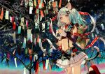  1girl animal_ears aqua_eyes aqua_hair bamboo bangs chocoan closed_mouth detached_sleeves hair_ornament hairclip highres nail_polish night original skirt sky solo star_(sky) starry_sky tail tanabata tanzaku 