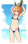  1girl beach bikini black_bikini black_eyes day gojarun highres holding idolmaster idolmaster_cinderella_girls layered_bikini micro_bikini ocean orange_hair outdoors ponytail side-tie_bikini sky solo string_bikini sweatdrop swimsuit translated white_bikini you&#039;re_doing_it_wrong yuuki_haru 