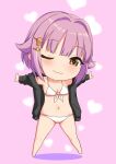  1girl :3 bikini brown_eyes chibi full_body hair_intakes hair_ornament hairpin hood hoodie idolmaster idolmaster_cinderella_girls koshimizu_sachiko one_eye_closed pink_hair sakaki_imasato short_hair simple_background solo star_(symbol) star_hair_ornament swimsuit white_bikini 