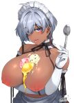  1girl ahoge apron arm_under_breasts bangs bare_shoulders breasts choker closed_mouth commentary dark-skinned_female dark_skin drooling elbow_gloves eyebrows_visible_through_hair eyes_visible_through_hair food food_on_breasts frilled_choker frills gloves happa_(cloverppd) highres holding holding_spoon ice_cream ice_cream_scoop large_breasts looking_at_viewer maid maid_headdress nipples original purple_eyes ribbon saliva short_hair silver_hair simple_background solo spoon tongue tongue_out waist_apron white_background white_gloves 