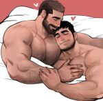  arm_hair bara beard blush chest_hair completely_nude couple facial_hair heart highres jang_ju_hyeon large_pectorals male_focus mature_male muscular muscular_male mustache naked_sheet nude on_bed original pectoral_pillow pectoral_press pectorals short_hair smile thick_eyebrows yaoi 