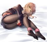  1girl ass bangs bed_sheet black_legwear black_shirt bound bound_ankles chain collared_shirt commentary_request ginklaga green_eyes gridman_universe hugging_own_legs long_hair long_sleeves looking_at_viewer lying minami_yume miniskirt no_shoes on_side panties panties_under_pantyhose pantyhose pleated_skirt shirt skirt sleeves_past_wrists solo ssss.dynazenon underwear whiet_shirt white_shirt 
