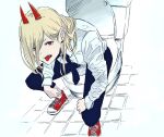  1girl chainsaw_man fangs fukuhara_tetsuya horns necktie pants power_(chainsaw_man) red_eyes shirt simple_background toilet tongue tongue_out 