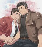  2boys alternate_costume bara beard belt black_pants black_sweater blush brown_belt bulge casual cherry_blossoms commission contemporary couple facial_hair holding_hands jacket leaning_on_person leather leather_jacket long_sideburns male_focus master_3_(tokyo_houkago_summoners) mature_male multiple_boys muscular muscular_male open_clothes open_jacket open_shirt pants pectorals petals second-party_source short_hair sideburns skeb_commission smile stubble sunfight0201 sweater tokyo_houkago_summoners yaoi zabaniya_(tokyo_houkago_summoners) 