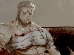  1boy abs bandaged_chest bandages bara beard blood bloody_clothes character_request couch facial_hair fangs hinokumo_f injury large_pectorals male_focus mature_male muscular muscular_male old old_man on_couch pectorals ponytail scar scar_across_eye scar_on_chest scar_on_forehead sidepec sitting solo stomach tokyo_houkago_summoners upper_body white_hair 