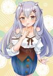 1girl blouse cocoperino commentary_request cowboy_shot denim_shirt grey_eyes horned_headwear i-203_(kancolle) kantai_collection light_blue_hair long_hair looking_at_viewer off_shoulder official_alternate_costume sidelocks solo tongue tongue_out white_blouse 