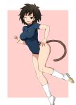  1girl black_eyes black_hair bodysuit boots breasts dragon_ball gabayo gine hand_on_hip high_heel_boots high_heels long_hair looking_at_viewer monkey_tail one_eye_closed open_mouth smile solo tail tongue 