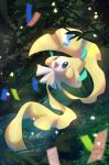  :d absurdres blush commentary gen_3_pokemon highres jirachi leaf looking_up mythical_pokemon night no_humans nullma open_mouth outdoors outstretched_arms pokemon pokemon_(creature) shiny smile solo stream tongue water 