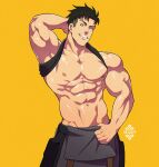  1boy abs akitaru_oubi bara bare_pectorals bare_shoulders black_hair black_tank_top brown_eyes clothes_lift en&#039;en_no_shouboutai large_pectorals looking_at_viewer male_focus muscular muscular_male navel nipples orange_background pectorals pelvic_curtain shirt_around_neck shirt_lift short_hair sideburns smile smirk smug solo stomach tank_top undercut xelgot 