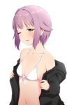  1girl bikini breasts brown_eyes hair_intakes hood hoodie idolmaster idolmaster_cinderella_girls koshimizu_sachiko one_eye_closed pink_hair sakaki_imasato short_hair small_breasts solo swimsuit undressing upper_body white_background white_bikini 