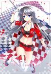  1girl absurdres bandeau black_bandeau blue_eyes breasts checkered checkered_flag clannad cleavage cropped_jacket flag full_body gloves hairband highres jacket long_hair looking_at_viewer medium_breasts midriff navel open_clothes open_jacket otou_(otou_san) race_queen red_jacket red_shorts sakagami_tomoyo short_shorts shorts silver_hair solo thighhighs white_gloves white_legwear 