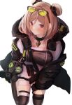  1girl absurdres blush breasts choker double_bun gas_mask girls&#039;_frontline highres light_brown_hair medium_breasts oreazu p90_(girls&#039;_frontline) red_eyes thighhighs 