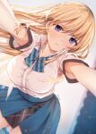  1girl bangs blonde_hair blue_eyes blue_neckwear blue_skirt blurry blurry_background blush bow bowtie breasts closed_mouth collarbone collared_shirt eyebrows_visible_through_hair large_breasts long_hair looking_at_viewer original shirt shirt_tucked_in short_sleeves skirt solo white_shirt yu_yu 