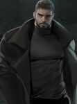  1boy arm_hair bara beard black_coat black_shirt chest_hair chris_redfield coat cowboy_shot facial_hair frown highres jang_ju_hyeon large_pectorals looking_at_viewer male_focus mature_male muscular muscular_male original pectorals resident_evil resident_evil_5 shirt short_hair solo thick_eyebrows undercut 