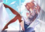  1girl blue_skirt blue_sky breasts brown_hair cloud curtains day doki_doki_literature_club floating floating_object full_body green_eyes hair_ribbon holding holding_pen hong_(white_spider) leg_up long_hair looking_at_viewer medium_breasts monika_(doki_doki_literature_club) paper pen ponytail profile ribbon sitting skirt sky smile solo thighhighs thighs white_ribbon window zettai_ryouiki 